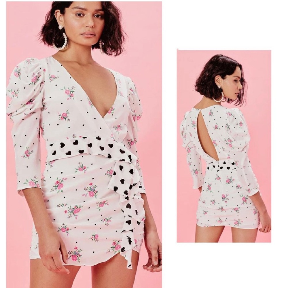 NWT For Love And Lemons Mabel Polka Dot & Rose Print Mini Dress